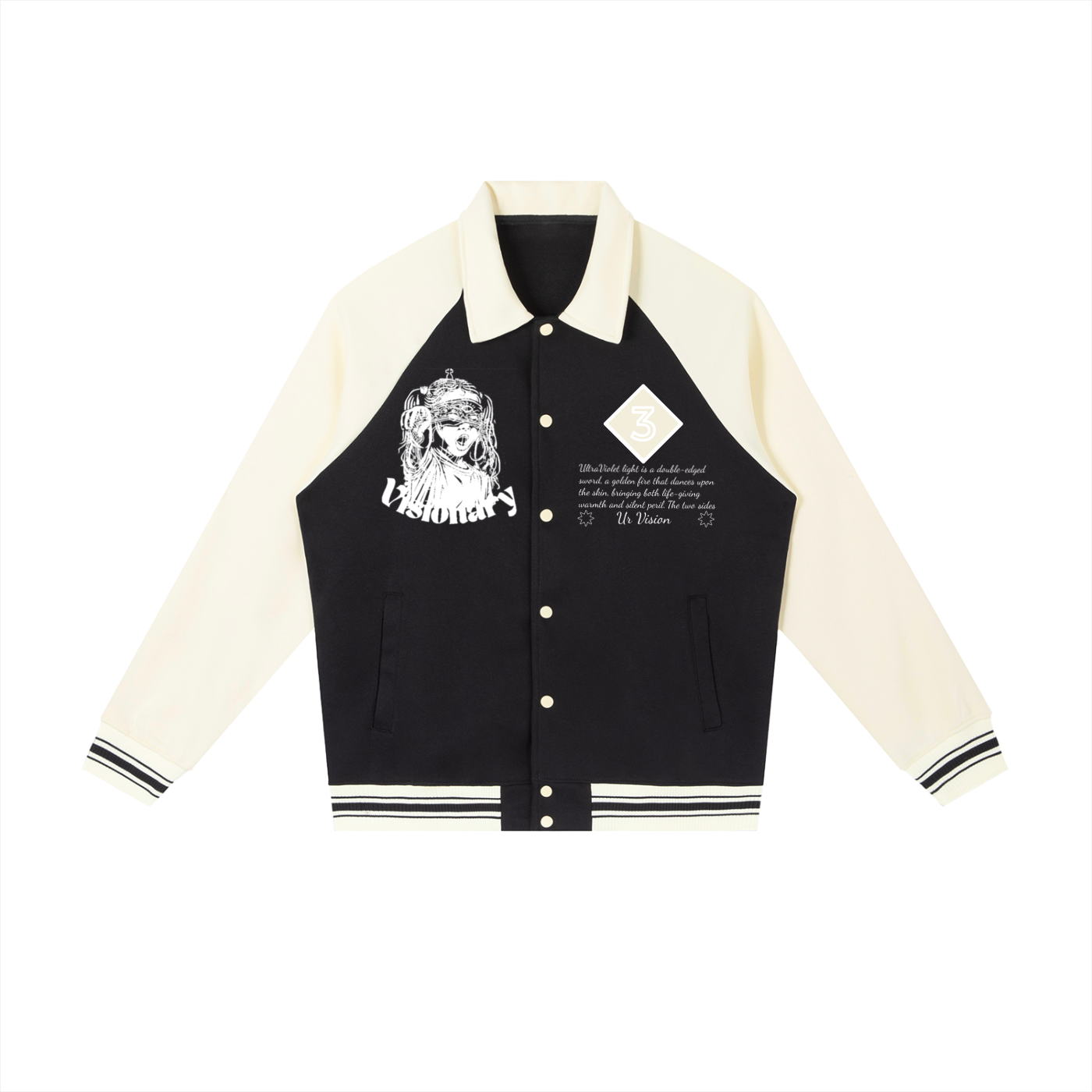 Contrast Raglan Sleeve Baseball  "VISIONARY"Jacket